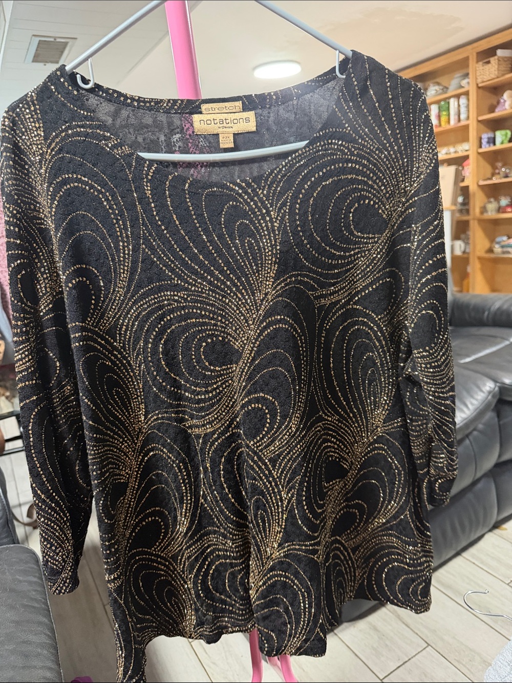 Notations Black Long-Sleeve Top with Metallic Gold Swirl Accents
